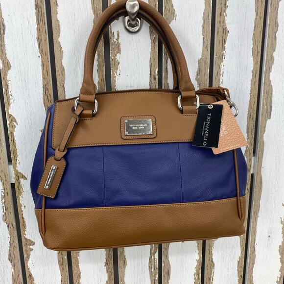 Tignanello Ink/Cognac Leather Satchel Handbag Striped Interior - New with Tags - Picture 11 of 11